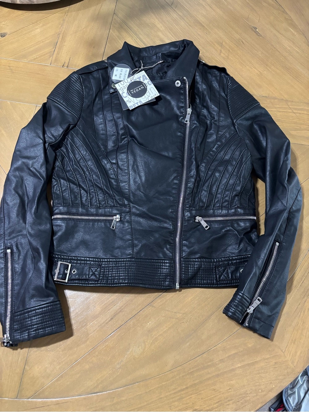 Black Vegan Leather Moto Jacket with Quilted Detail